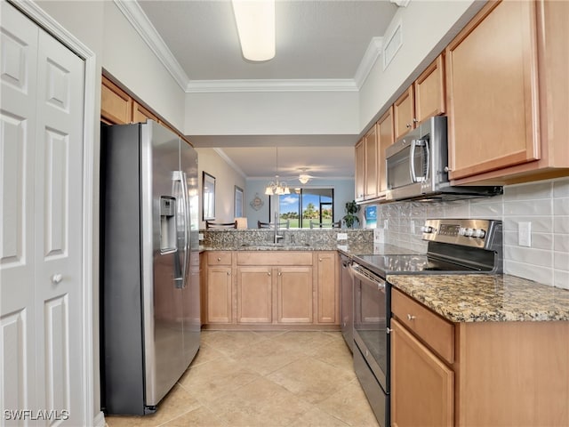 17961 Bonita National Blvd Unit 514, Bonita Springs, FL 34135 - kitchen with appliances with stainless steel finishes, crown molding, backsplash, light tile patterned floors, and light stone countertops