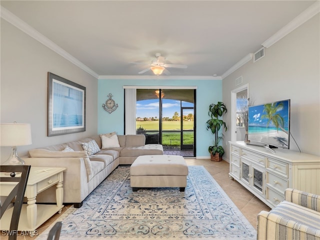 17961 Bonita National Blvd Unit 514, Bonita Springs, FL 34135 - living area featuring ornamental molding, light tile patterned flooring, and ceiling fan