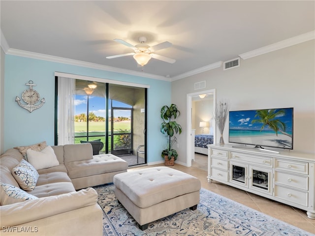 17961 Bonita National Blvd Unit 514, Bonita Springs, FL 34135 - living room featuring crown molding, a ceiling fan, and light tile patterned floors