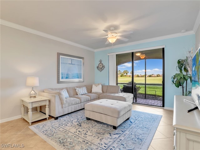 17961 Bonita National Blvd Unit 514, Bonita Springs, FL 34135 - living area with light tile patterned flooring, crown molding, ceiling fan, and golf course view