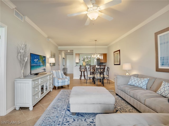 17961 Bonita National Blvd Unit 514, Bonita Springs, FL 34135 - living area with light tile patterned flooring, crown molding, a chandelier, and a ceiling fan