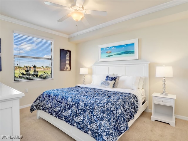 17961 Bonita National Blvd Unit 514, Bonita Springs, FL 34135 - bedroom with light carpet, ornamental molding, and ceiling fan