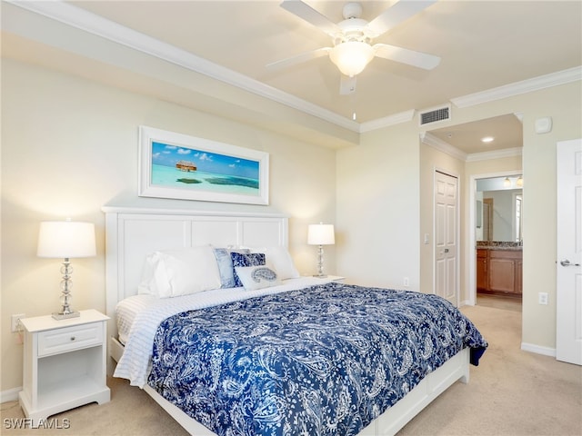 17961 Bonita National Blvd Unit 514, Bonita Springs, FL 34135 - bedroom featuring light carpet, ornamental molding, connected bathroom, a ceiling fan, and a closet