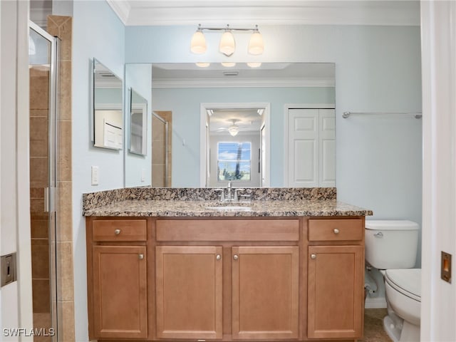 17961 Bonita National Blvd Unit 514, Bonita Springs, FL 34135 - full bath featuring vanity, ornamental molding, a shower stall, and ceiling fan