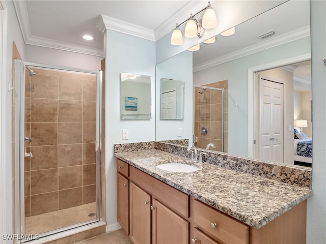 17961 Bonita National Blvd Unit 514, Bonita Springs, FL 34135 - bathroom featuring vanity, a shower stall, ensuite bath, ornamental molding, and tile patterned flooring