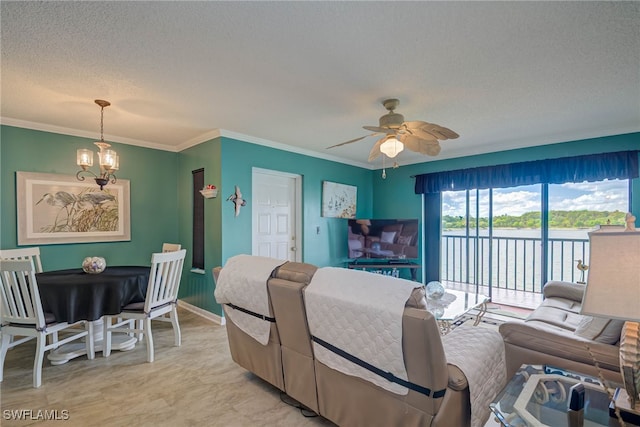 9950 Sailview Ct Unit 14, Fort Myers, FL 33905 - living area featuring ornamental molding, ceiling fan, a textured ceiling, and a chandelier
