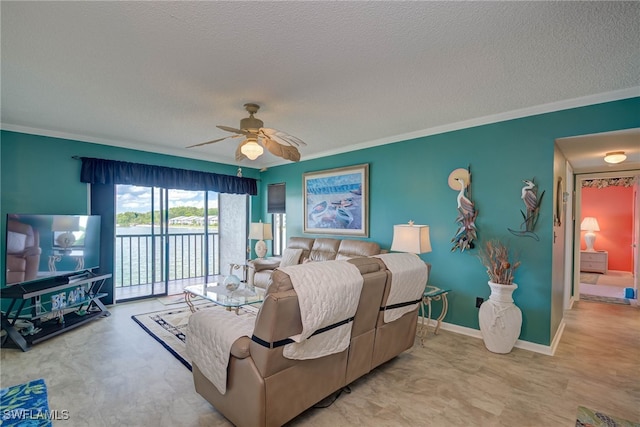 9950 Sailview Ct Unit 14, Fort Myers, FL 33905 - bedroom featuring access to exterior, a textured ceiling, ornamental molding, ceiling fan, and baseboards