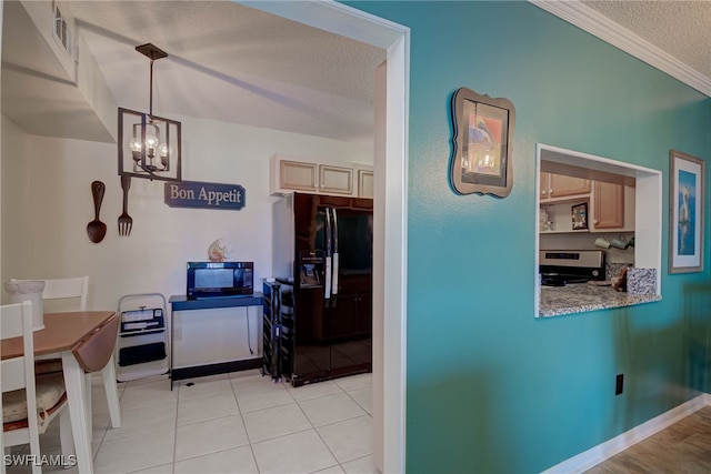9950 Sailview Ct Unit 14, Fort Myers, FL 33905 - dining room featuring a textured ceiling, crown molding, a chandelier, and light tile patterned floors