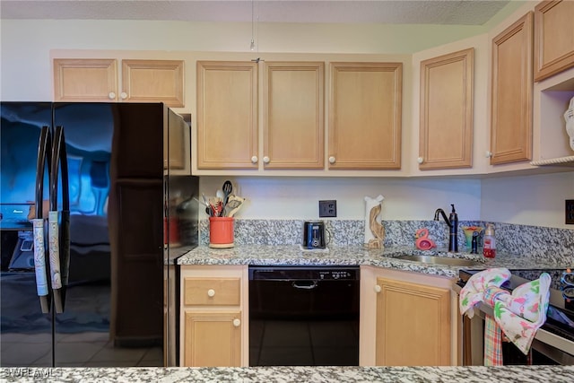 9950 Sailview Ct Unit 14, Fort Myers, FL 33905 - kitchen featuring black appliances, a sink, light brown cabinetry, tile patterned flooring, and light stone countertops