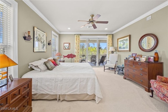 3008 Turtle Gait Ln, Sanibel, FL 33957 - bedroom featuring access to exterior, ornamental molding, carpet, recessed lighting, and a ceiling fan