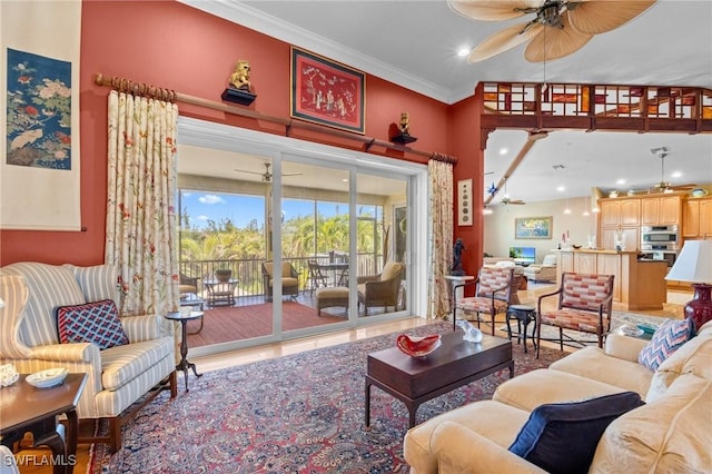 3008 Turtle Gait Ln, Sanibel, FL 33957 - living area featuring a ceiling fan, ornamental molding, and recessed lighting