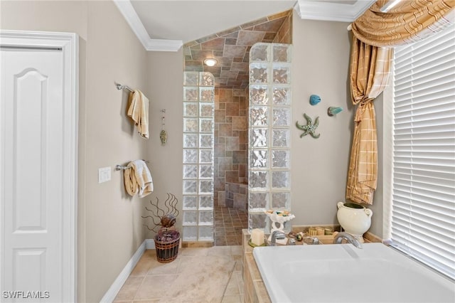 3008 Turtle Gait Ln, Sanibel, FL 33957 - bathroom featuring crown molding, a garden tub, walk in shower, tile patterned flooring, and baseboards