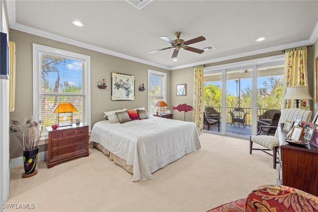 3008 Turtle Gait Ln, Sanibel, FL 33957 - carpeted bedroom featuring access to exterior, ornamental molding, recessed lighting, a ceiling fan, and baseboards