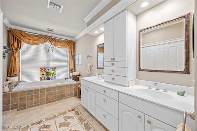 3008 Turtle Gait Ln, Sanibel, FL 33957 - full bath with ornamental molding, double vanity, a garden tub, tile patterned flooring, and recessed lighting
