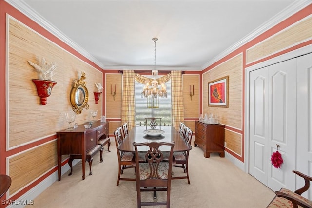 3008 Turtle Gait Ln, Sanibel, FL 33957 - dining area featuring a chandelier, light carpet, ornamental molding, wood walls, and baseboards