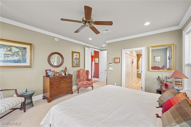 3008 Turtle Gait Ln, Sanibel, FL 33957 - bedroom with recessed lighting, light colored carpet, ornamental molding, baseboards, and connected bathroom