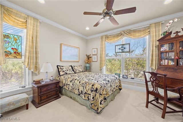 3008 Turtle Gait Ln, Sanibel, FL 33957 - bedroom featuring ornamental molding, multiple windows, light colored carpet, recessed lighting, and baseboards