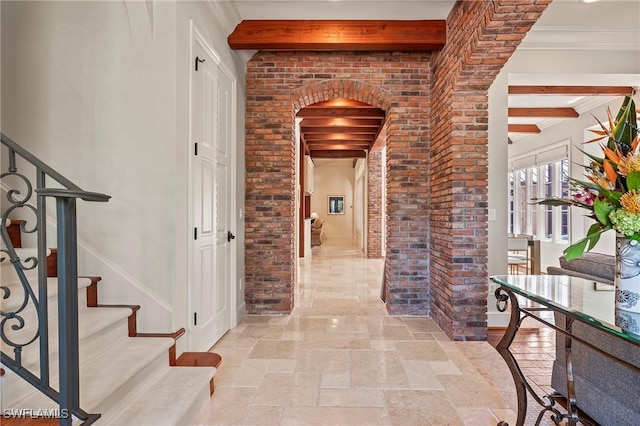 1419 Hemingway Pl, Naples, FL 34103 - hall with stone tile flooring, beamed ceiling, stairs, and baseboards