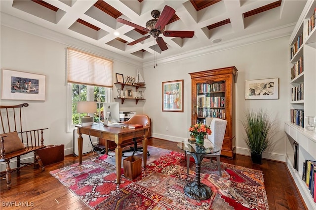1419 Hemingway Pl, Naples, FL 34103 - office area with ceiling fan, wood-type flooring, coffered ceiling, baseboards, and ornamental molding
