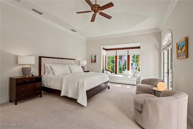 1419 Hemingway Pl, Naples, FL 34103 - bedroom featuring ornamental molding, light carpet, and a ceiling fan
