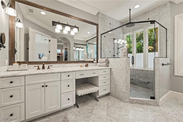 1419 Hemingway Pl, Naples, FL 34103 - full bathroom with crown molding, a stall shower, recessed lighting, vanity, and marble finish flooring
