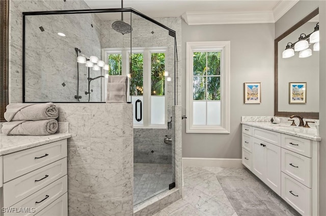 1419 Hemingway Pl, Naples, FL 34103 - full bath featuring crown molding, vanity, a stall shower, marble finish floors, and baseboards