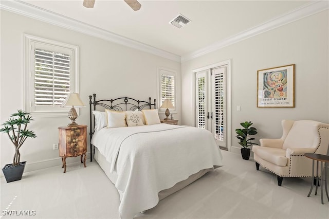 1419 Hemingway Pl, Naples, FL 34103 - bedroom featuring carpet flooring, access to exterior, crown molding, ceiling fan, and baseboards