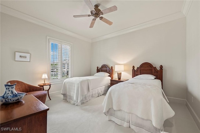 1419 Hemingway Pl, Naples, FL 34103 - bedroom with ornamental molding, baseboards, ceiling fan, and carpet floors