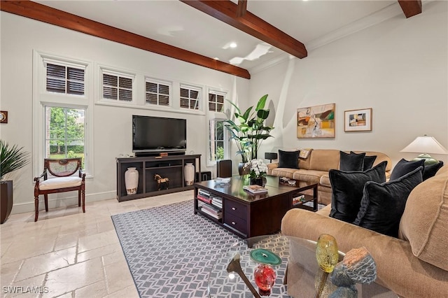 1419 Hemingway Pl, Naples, FL 34103 - living area with stone tile flooring, beam ceiling, baseboards, recessed lighting, and crown molding