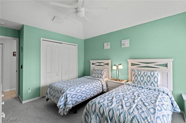 2005 SE 21st St, Cape Coral, FL 33990 - bedroom featuring a closet, carpet flooring, a ceiling fan, baseboards, and lofted ceiling