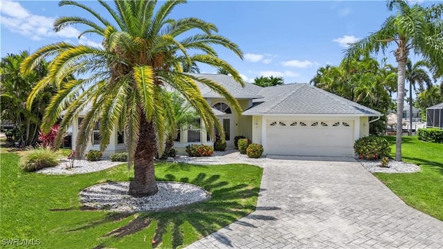 2005 SE 21st St, Cape Coral, FL 33990 - view of front of home with a garage, a front lawn, driveway, and stucco siding