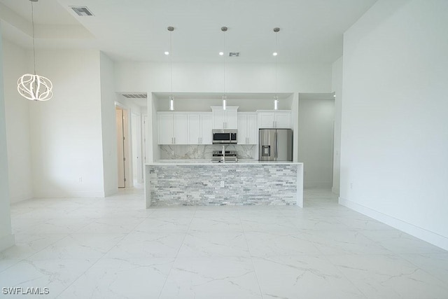 unfurnished living room featuring light marble finish flooring, baseboards, a chandelier, a towering ceiling, and recessed lighting