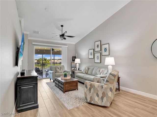 19920 Barletta Ln Unit 1423, Estero, FL 33928 - living room with crown molding, ceiling fan, light wood finished floors, and baseboards