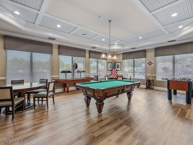 6536 Monterey Pt Unit 201, Naples, FL 34105 - game room featuring coffered ceiling, baseboards, recessed lighting, billiards, and wood finished floors