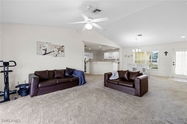 706 Kismet Pkwy E, Cape Coral, FL 33909 - living room featuring light colored carpet, a chandelier, ceiling fan, lofted ceiling, and recessed lighting