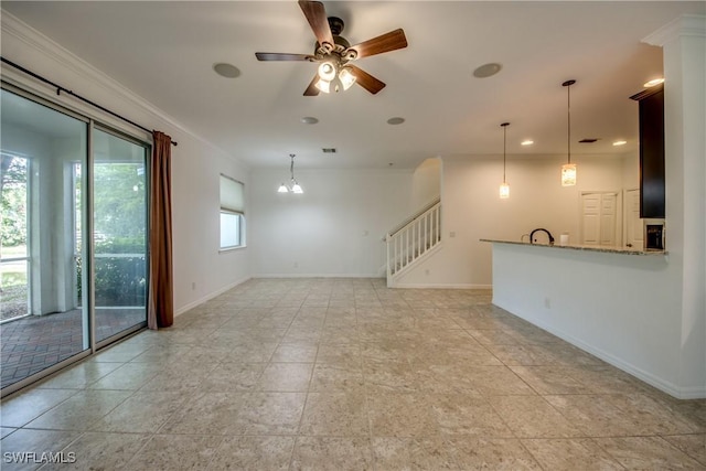 19530 Bowring Park Rd Unit 106, Fort Myers, FL 33967 - empty room featuring baseboards, a ceiling fan, stairway, crown molding, and recessed lighting