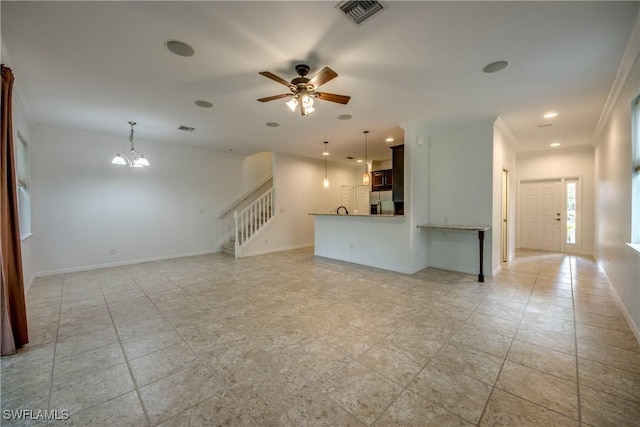 19530 Bowring Park Rd Unit 106, Fort Myers, FL 33967 - unfurnished living room featuring stairway, a ceiling fan, a chandelier, baseboards, and recessed lighting