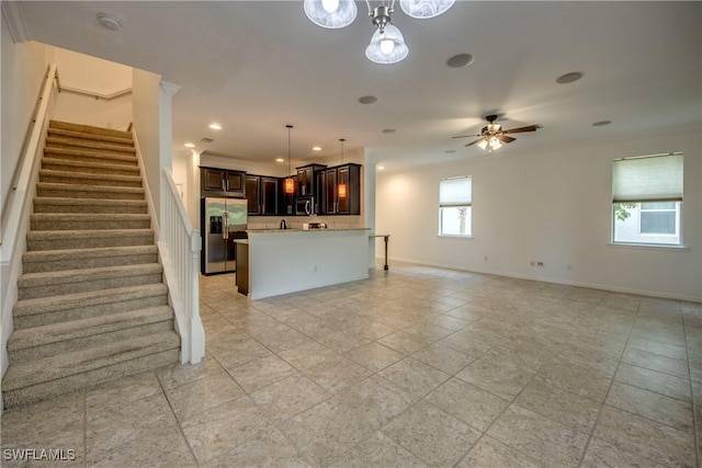 19530 Bowring Park Rd Unit 106, Fort Myers, FL 33967 - unfurnished living room with stairs, a ceiling fan, baseboards, recessed lighting, and light tile patterned flooring