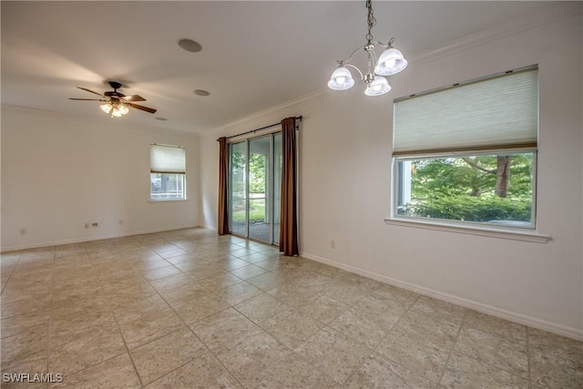 19530 Bowring Park Rd Unit 106, Fort Myers, FL 33967 - unfurnished room featuring baseboards, a ceiling fan, ornamental molding, a chandelier, and light tile patterned floors