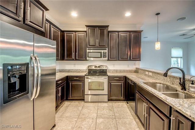 19530 Bowring Park Rd Unit 106, Fort Myers, FL 33967 - kitchen with appliances with stainless steel finishes, a sink, dark brown cabinetry, light stone counters, and ornamental molding