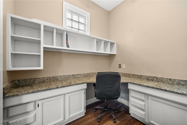 office space featuring built in study area and dark wood finished floors