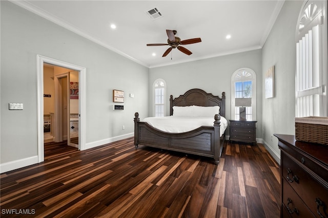 bedroom with dark wood-type flooring, baseboards, crown molding, recessed lighting, and ceiling fan