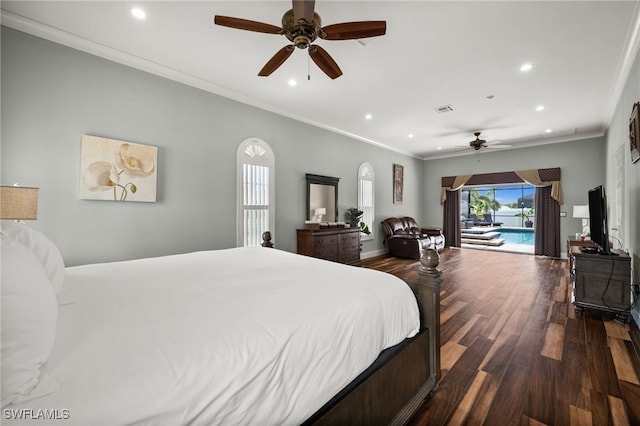 bedroom featuring dark wood finished floors, recessed lighting, access to outside, ornamental molding, and ceiling fan