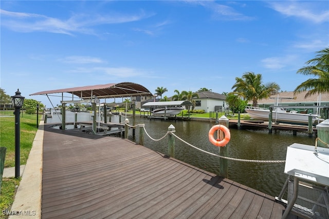 dock area featuring boat lift and a water view