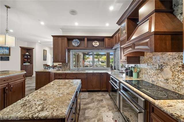 kitchen with oven, open shelves, black electric cooktop, backsplash, and recessed lighting