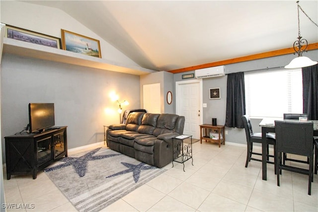 826 Wiggins Pass Rd Unit 306, Naples, FL 34110 - living room with an AC wall unit, vaulted ceiling, light tile patterned flooring, and baseboards