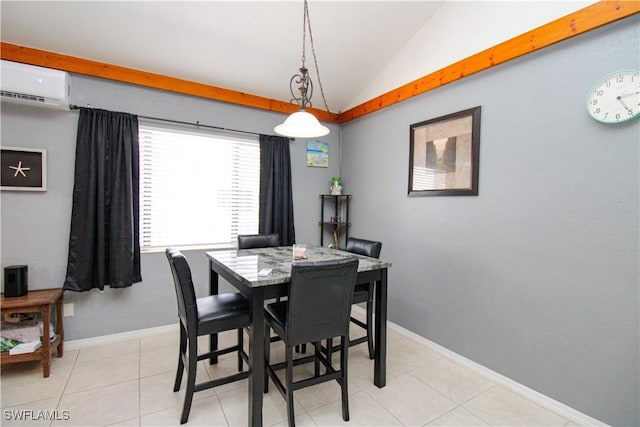 826 Wiggins Pass Rd Unit 306, Naples, FL 34110 - dining room featuring a wall mounted AC, lofted ceiling, baseboards, and light tile patterned floors