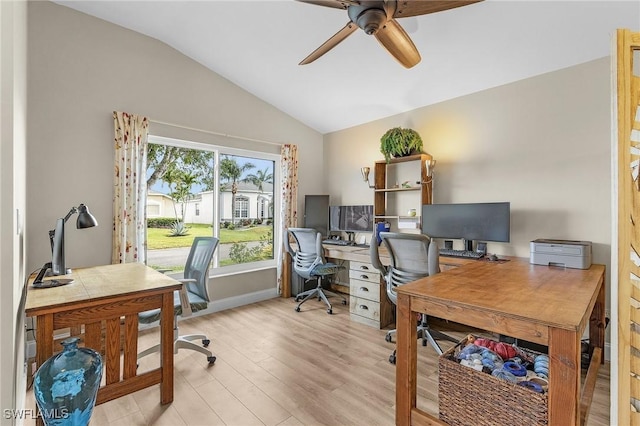 16962 Colony Lakes Blvd, Fort Myers, FL 33908 - office area featuring ceiling fan, lofted ceiling, light wood-type flooring, and baseboards