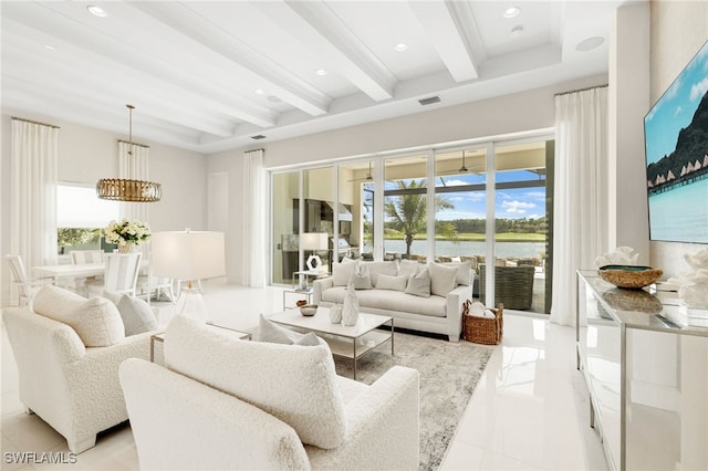 18492 Miromar Lakes Blvd W, Miromar Lakes, FL 33913 - living room featuring beamed ceiling, a chandelier, and recessed lighting