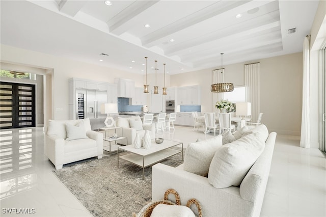 18492 Miromar Lakes Blvd W, Miromar Lakes, FL 33913 - living room with recessed lighting, beam ceiling, and a chandelier
